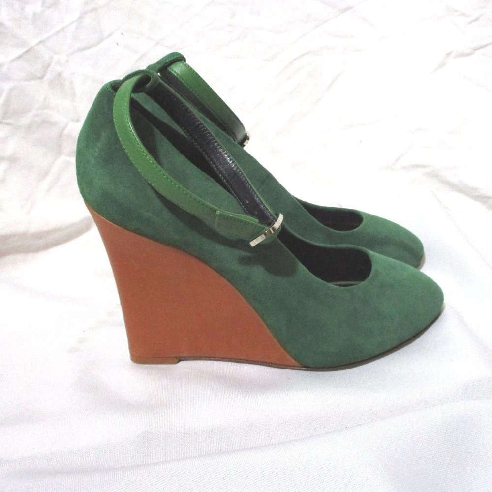 NEW CELINE PARIS PUMP WEDGE High Heel Shoe 37 GREEN Suede